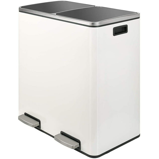 LAZY BUDDY Dual Garbage Can, Stainless Steel 16 Gallon Step Can W/ Foot Pedal, Double Compartment Garbage Recycling Bin