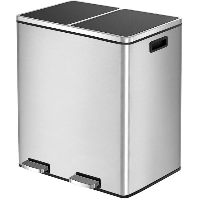 LAZY BUDDY Dual Garbage Can, Stainless Steel 16 Gallon Step Can W/ Foot Pedal, Double Compartment Garbage Recycling Bin