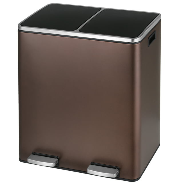 LAZY BUDDY Dual Garbage Can, Stainless Steel 16 Gallon Step Can W/ Foot Pedal, Double Compartment Garbage Recycling Bin