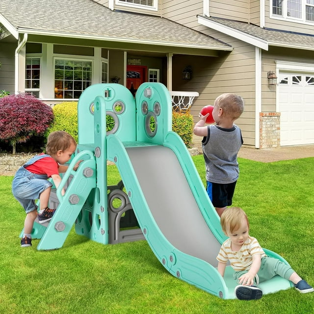 LAZY BUDDY Sturdy Kids Slide, 4 in 1 Toddler Slide and Climber Playset with Basketball Hoop & Storage Space, Non-Slip Steps, Indoor Outdoor Toys for Boys Girls