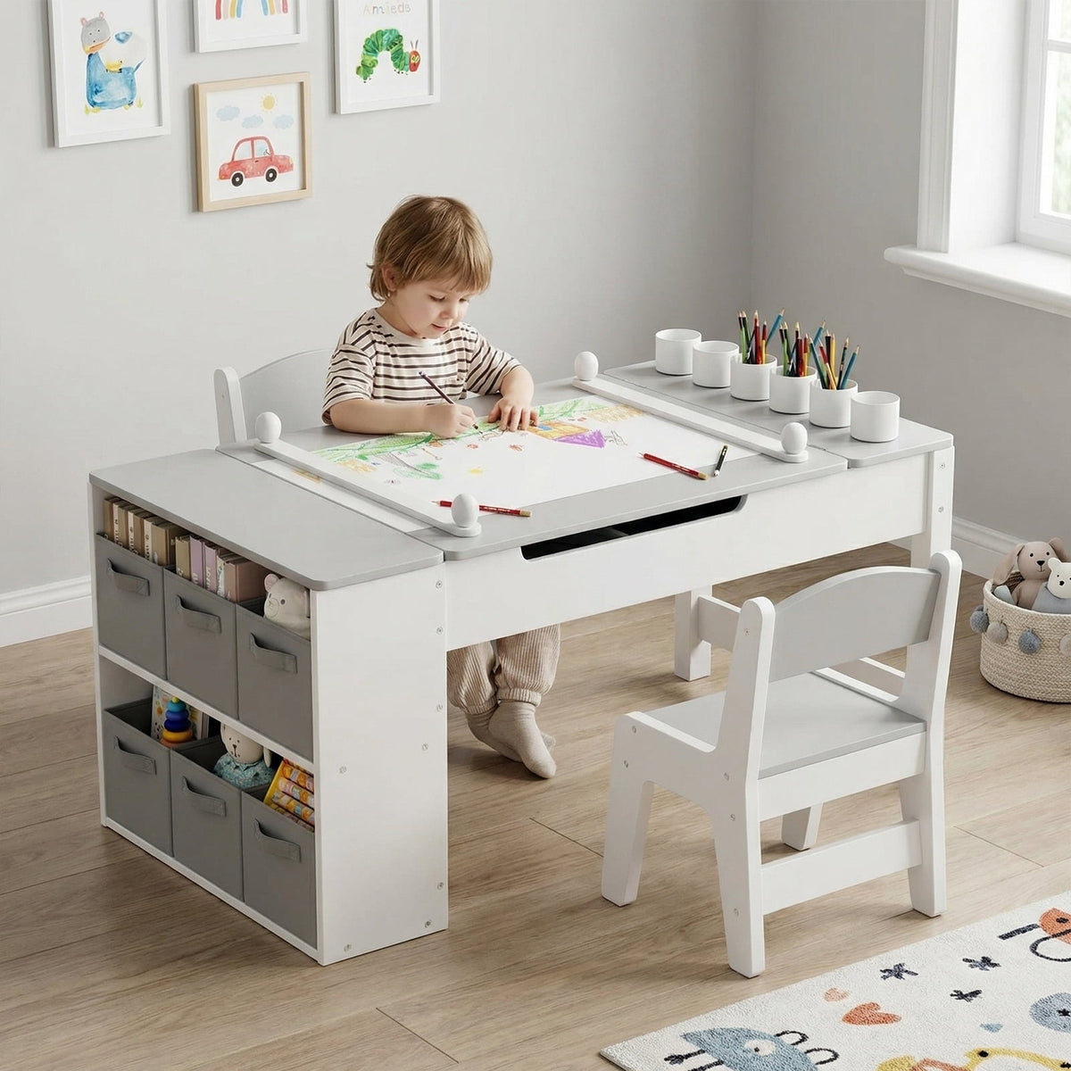 LAZY BUDDY Kids Art Table and Chairs Set, 2-in-1 Easel & Kids Craft Table and Chairs with Storage Bins, Paint Cups and Paper Roll