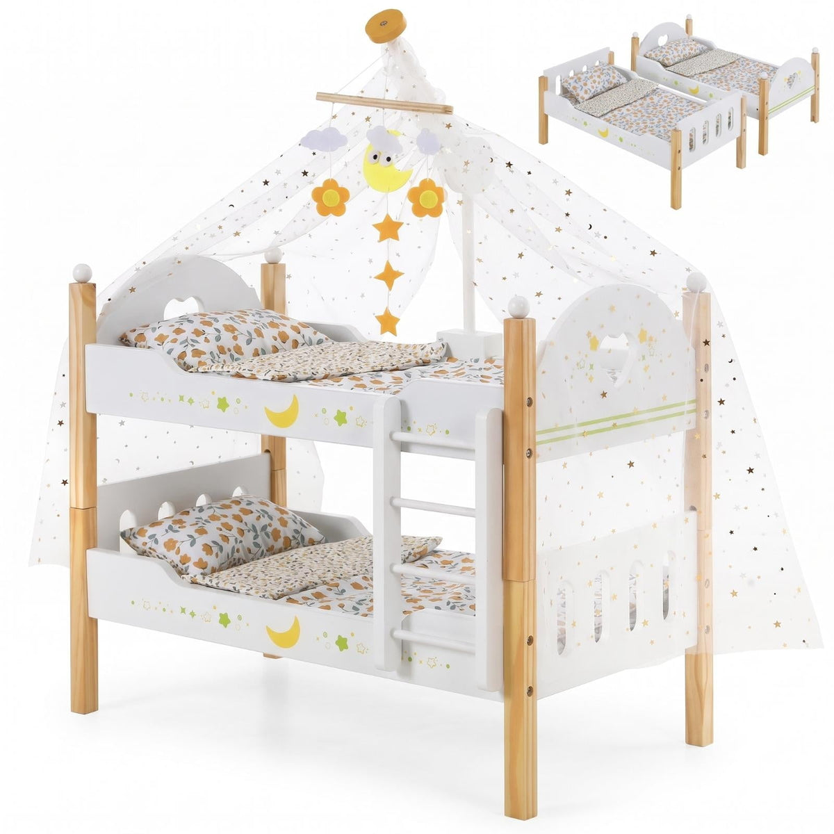 LAZY BUDDY Wooden Bunk Bed for Dolls up to 19in, Baby Dolls Crib with Bedding, Pretend Play Toy for Kids 3+