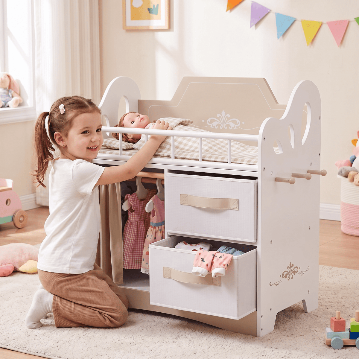 LAZY BUDDY Baby Doll Cirb, Wooden Doll Bed with 2 Storage Drawers, 2 Hangers, Pillow & Sheet