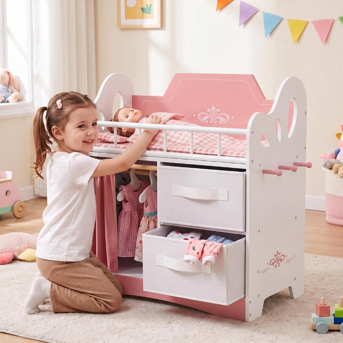 LAZY BUDDY Baby Doll Cirb, Wooden Doll Bed with 2 Storage Drawers, 2 Hangers, Pillow & Sheet