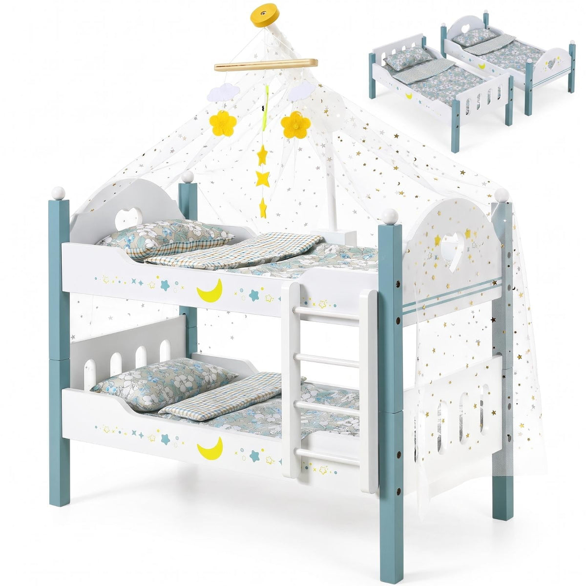 LAZY BUDDY Wooden Bunk Bed for Dolls up to 19in, Baby Dolls Crib with Bedding, Pretend Play Toy for Kids 3+