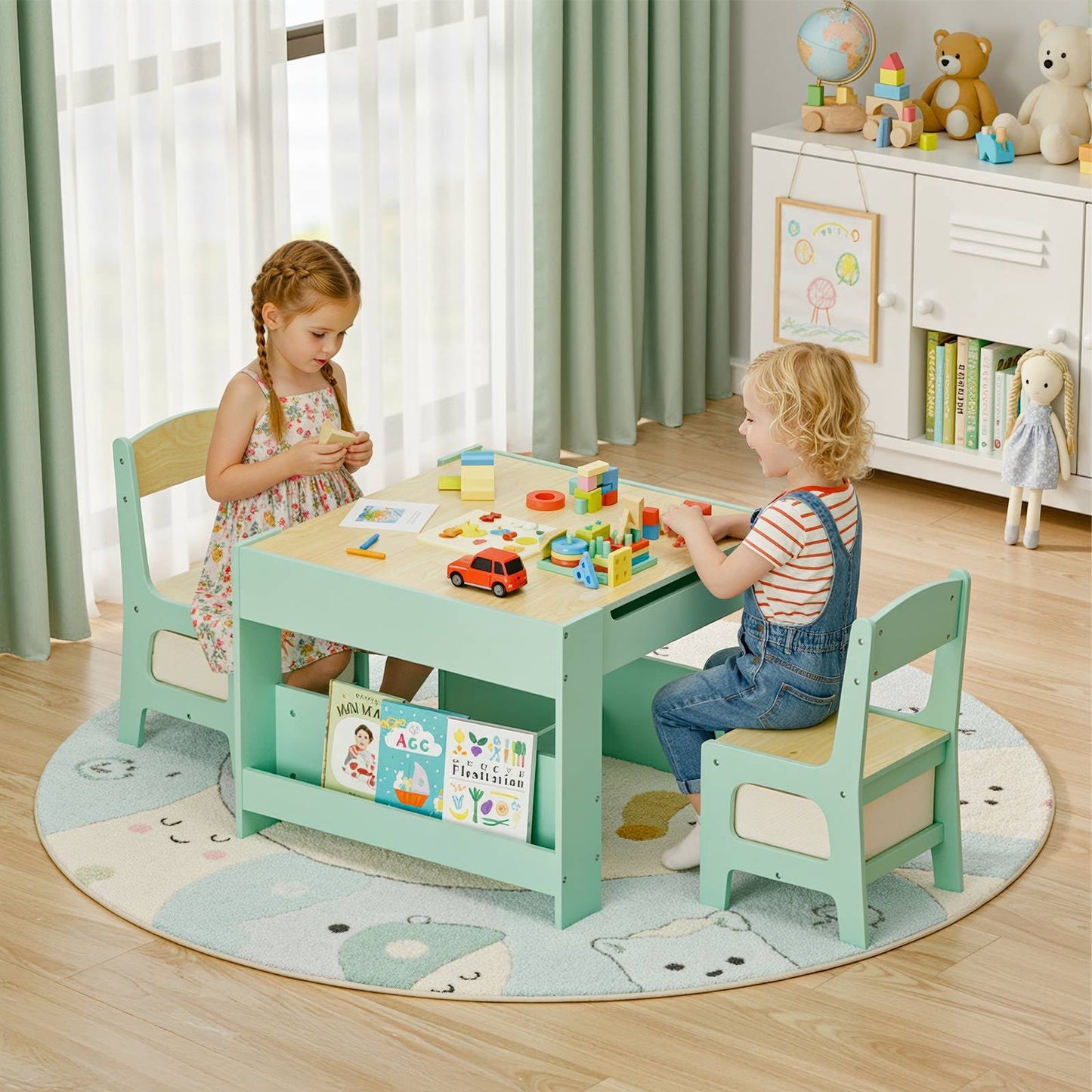 LAZY BUDDY Kids Table and Chairs Set, Toddler Desk with Storage Drawer, Wooden Activity Table Set with Detachable Tabletop, Bookshelf for Classroom/Home/Nursery