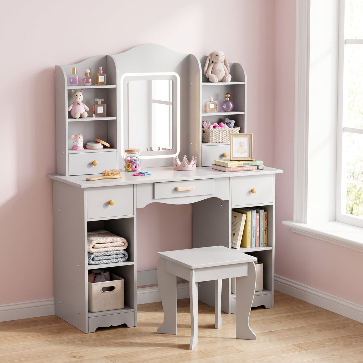 LAZY BUDDY Wooden Kids Vanity Table with Lights, Mirror and Stool, 2 in 1 Toddler Pretend Play Dressing Table with Drawers & Open Shelves for Little Girls