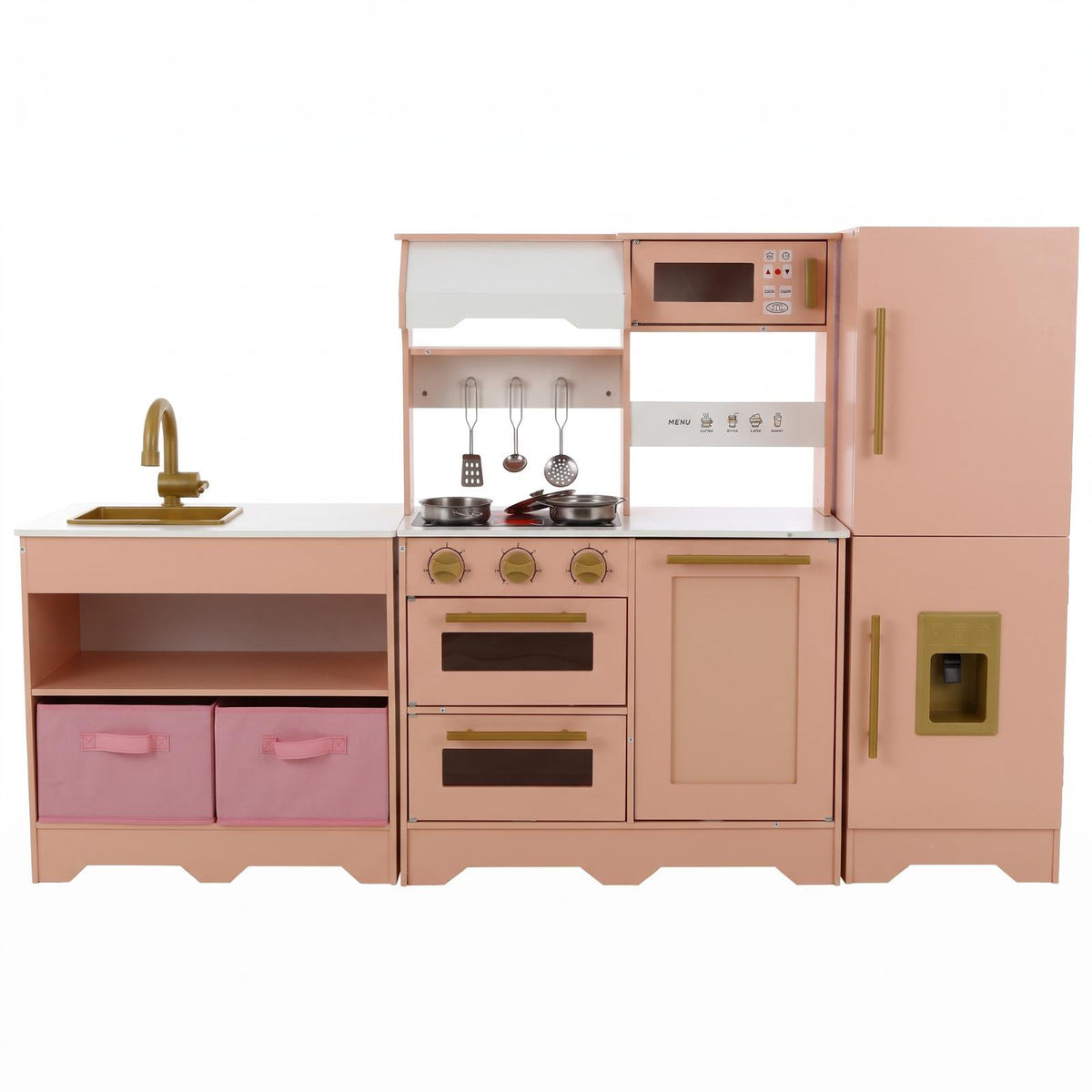 LAZY BUDDY Wooden Pretend Play Kitchen for Kids, 3-Piece Modular Kitchen Playset Toddler Interactive Toy Gift
