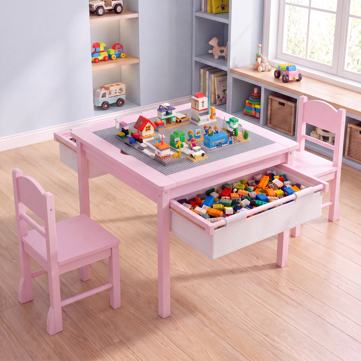 LAZY BUDDY Wooden Toddler Table and Chairs Set, Kids Play Activity Table Set with Reversible Tabletop & 2 Storage Drawers, for Drawing Reading Dining