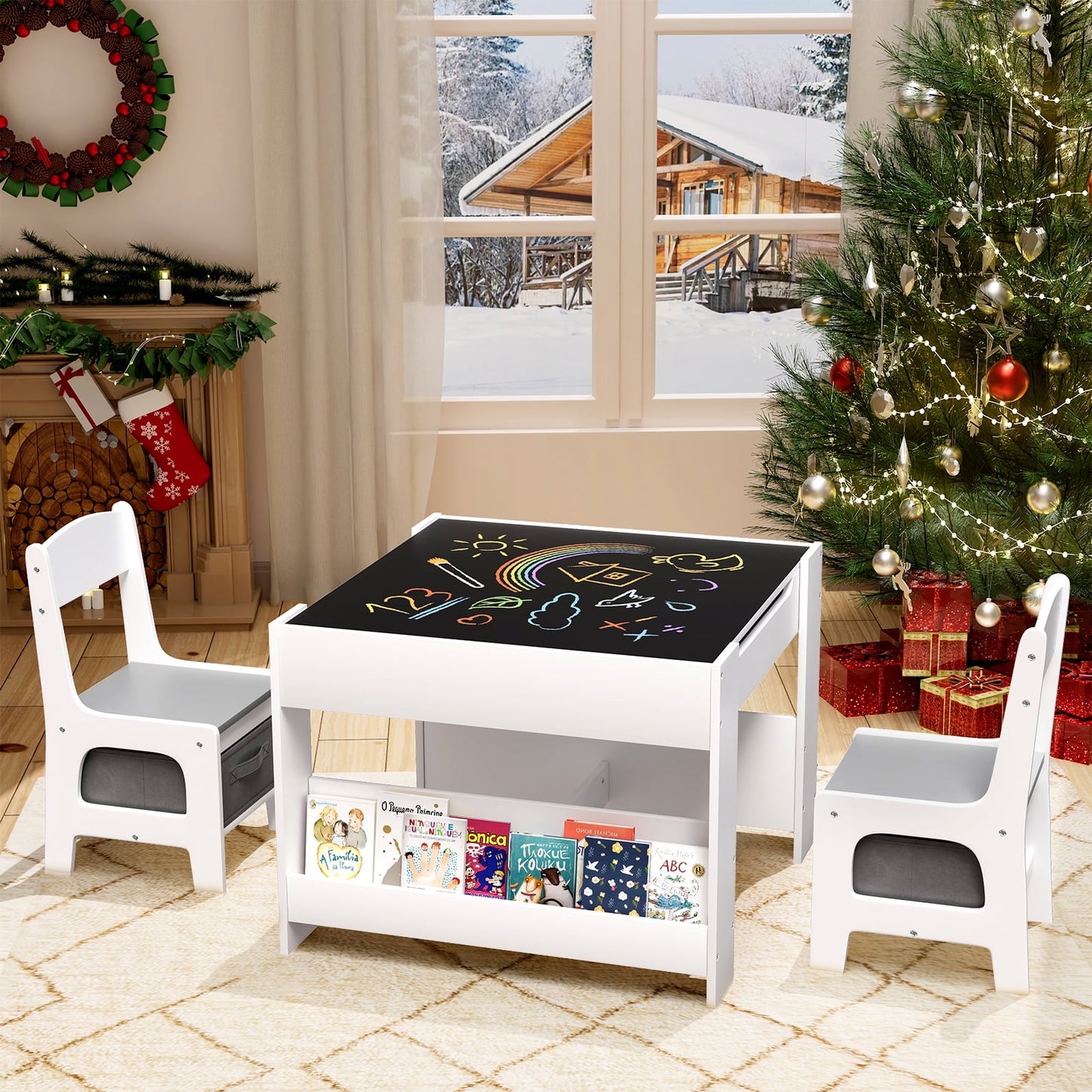 LAZY BUDDY Kids Table and Chairs Set, Toddler Desk with Storage Drawer, Wooden Activity Table Set with Detachable Tabletop, Bookshelf for Classroom/Home/Nursery