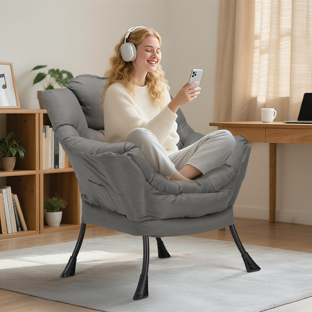 LAZY BUDDY Lazy Chair with Side Pocket, Upholstered Accent Lounge Chair Reading Armchair for Living Room, Bedroom