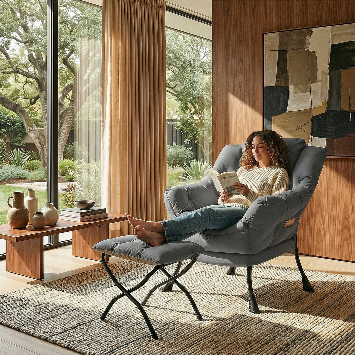 LAZY BUDDY Lazy Chair with Side Pocket, Upholstered Accent Lounge Chair Reading Armchair for Living Room, Bedroom