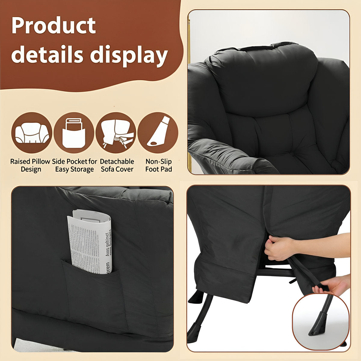 LAZY BUDDY Lazy Chair with Side Pocket, Upholstered Accent Lounge Chair Reading Armchair for Living Room, Bedroom
