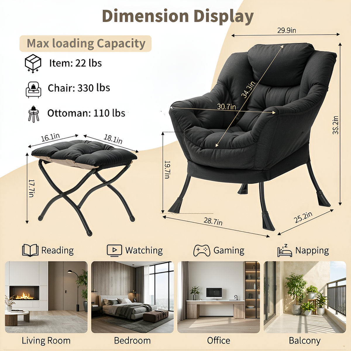 LAZY BUDDY Lazy Chair with Side Pocket, Upholstered Accent Lounge Chair Reading Armchair for Living Room, Bedroom