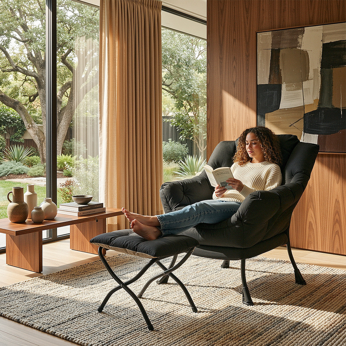 LAZY BUDDY Lazy Chair with Side Pocket, Upholstered Accent Lounge Chair Reading Armchair for Living Room, Bedroom