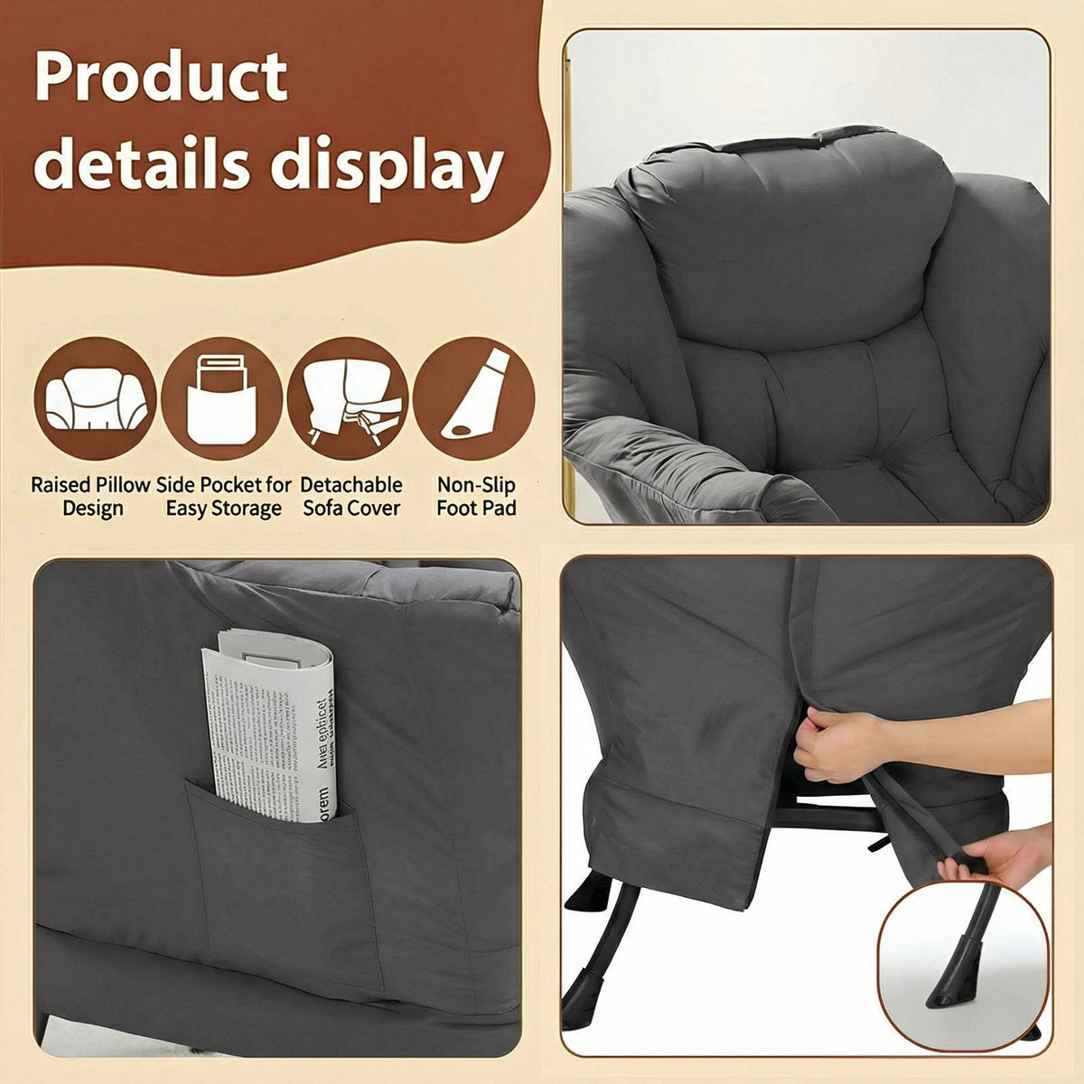 LAZY BUDDY Lazy Chair with Side Pocket, Upholstered Accent Lounge Chair Reading Armchair for Living Room, Bedroom