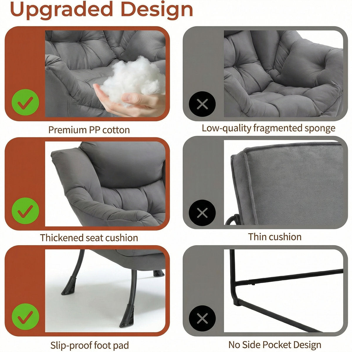 LAZY BUDDY Lazy Chair with Side Pocket, Upholstered Accent Lounge Chair Reading Armchair for Living Room, Bedroom