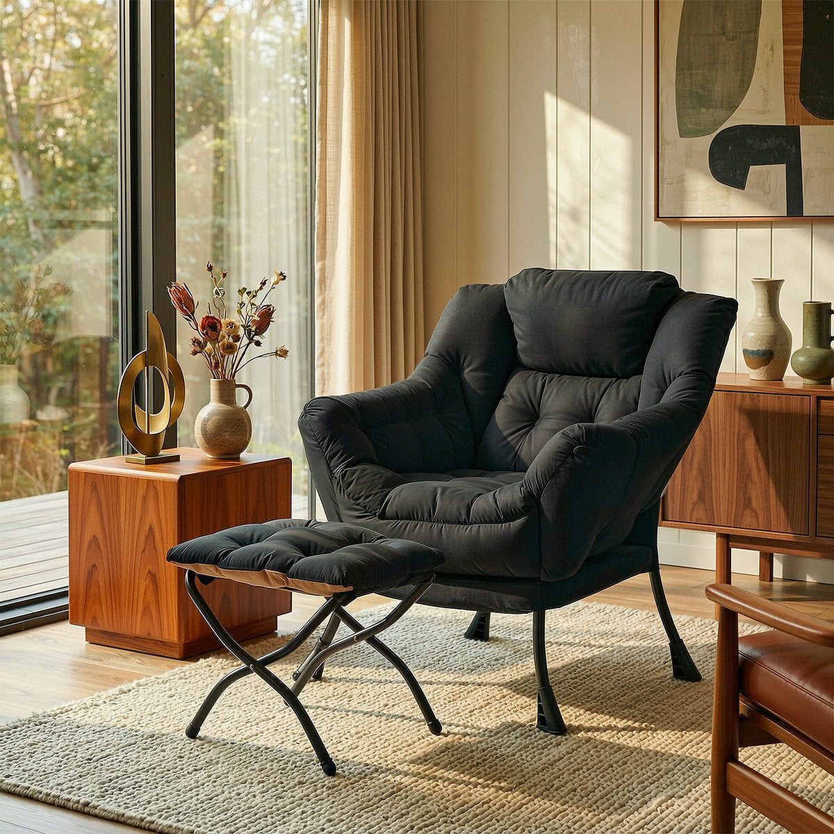LAZY BUDDY Lazy Chair with Side Pocket, Upholstered Accent Lounge Chair Reading Armchair for Living Room, Bedroom
