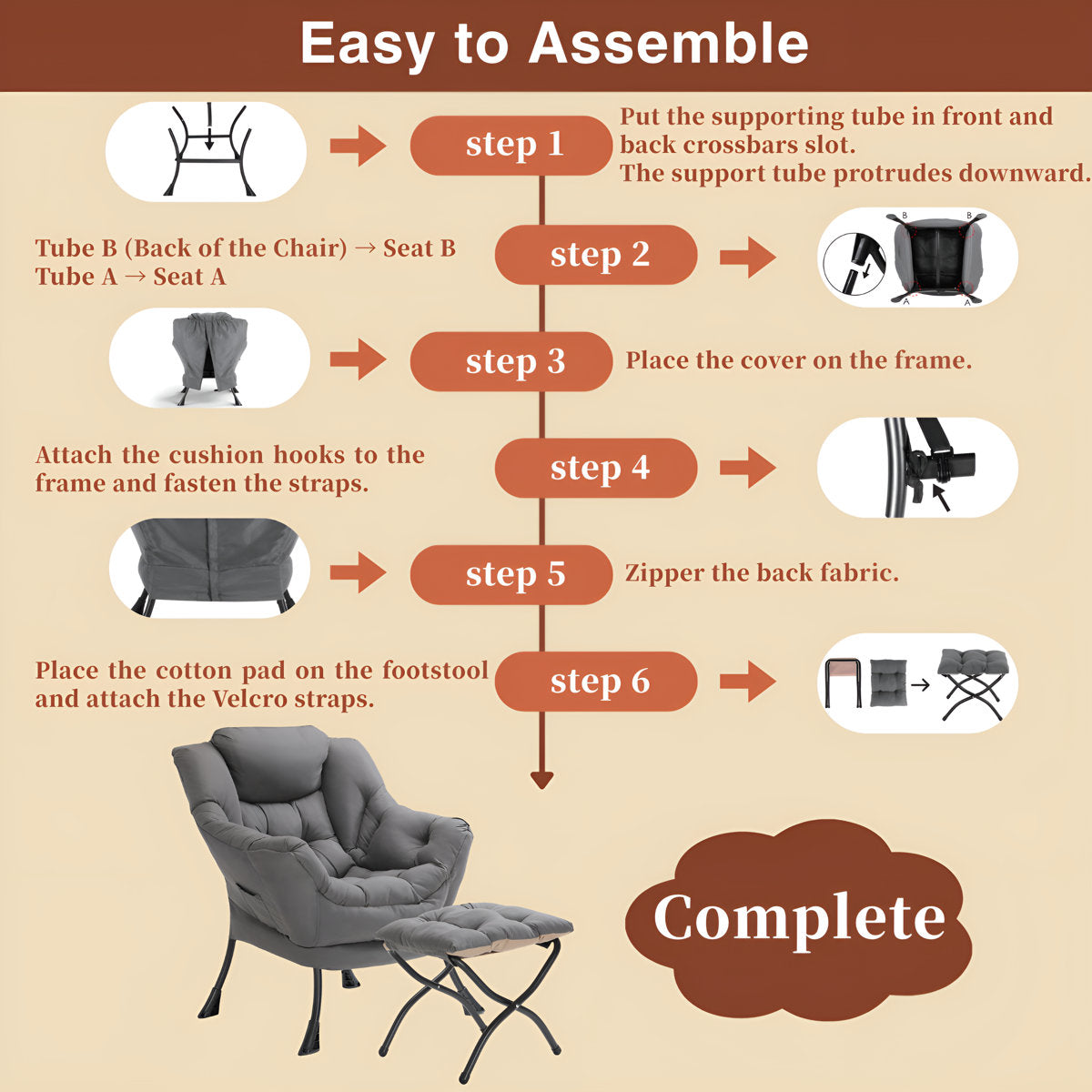 LAZY BUDDY Lazy Chair with Side Pocket, Upholstered Accent Lounge Chair Reading Armchair for Living Room, Bedroom