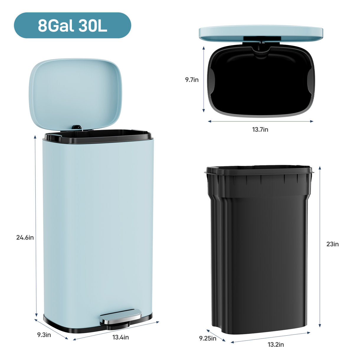 LAZY BUDDY 8 gal Stainless Steel Kitchen Trash Can Black Garbage Bin with Lid - 5 Colors