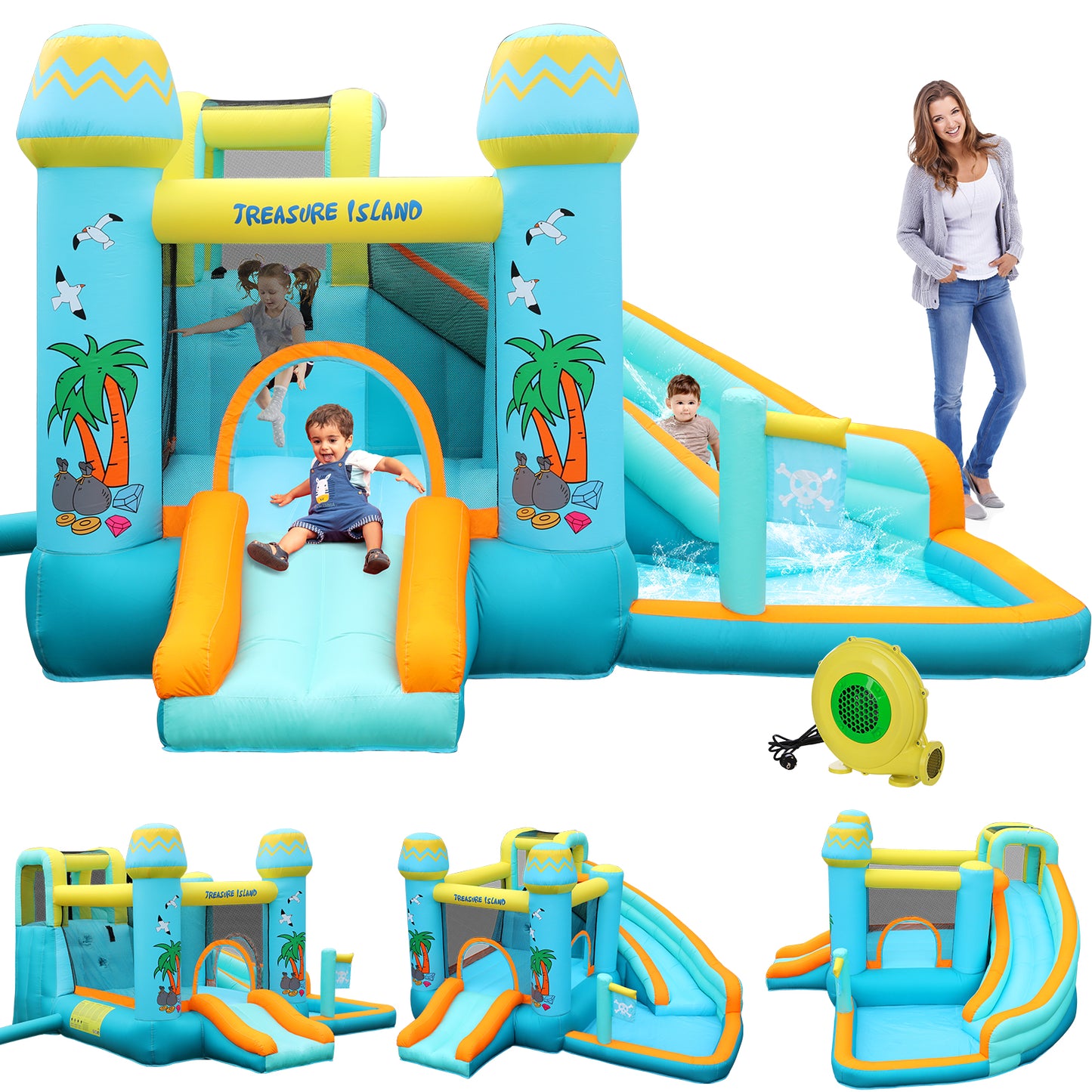 LAZY BUDDY Inflatable Bounce House with Blower, Outdoor Yard Water Slide Bounce House with Splash Pool & Jumping Area for Kids 3-12 Years