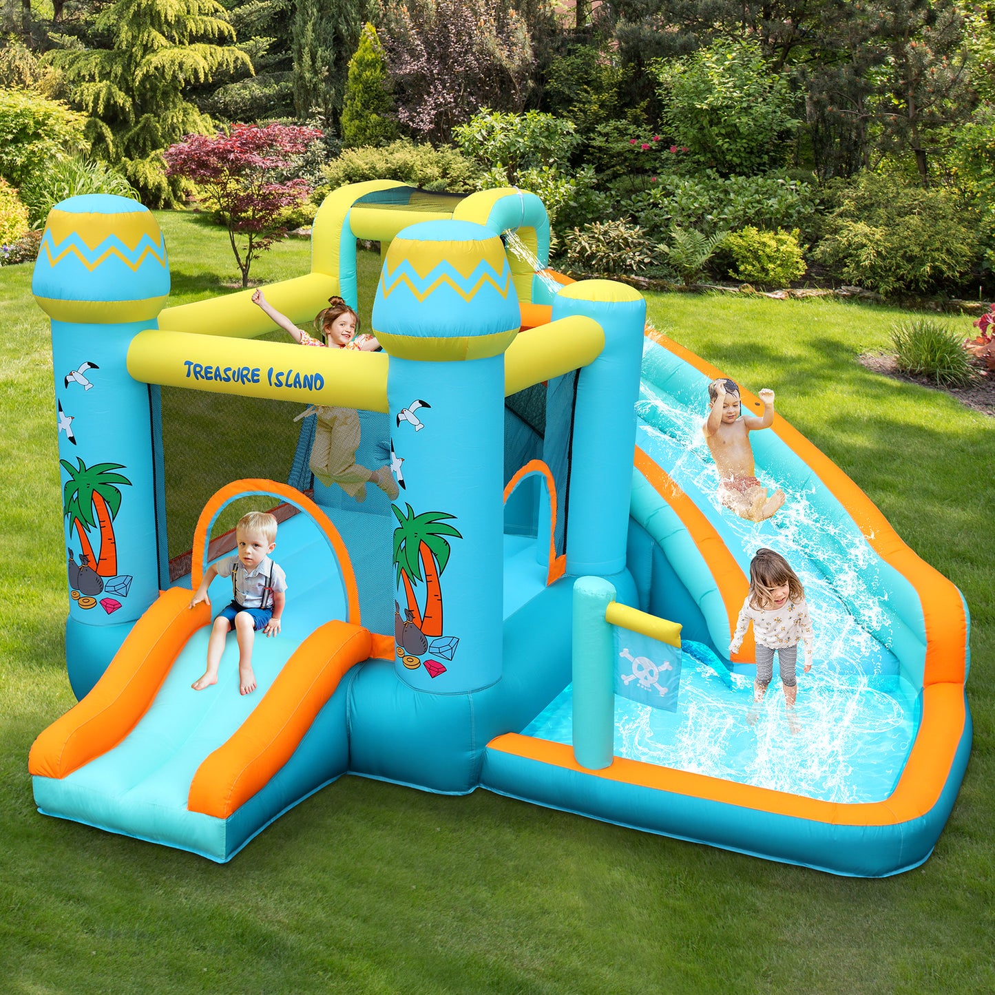 LAZY BUDDY Inflatable Bounce House with Blower, Outdoor Yard Water Slide Bounce House with Splash Pool & Jumping Area for Kids 3-12 Years