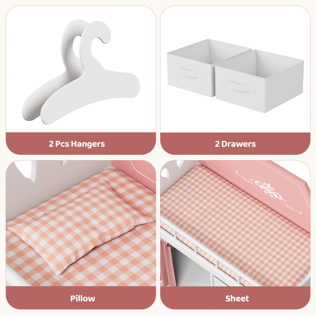 LAZY BUDDY Baby Doll Cirb, Wooden Doll Bed with 2 Storage Drawers, 2 Hangers, Pillow & Sheet