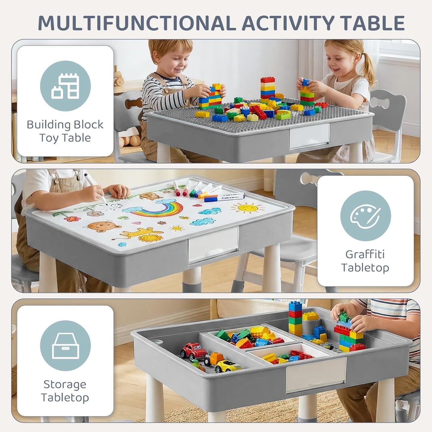 LAZY BUDDY Kids Table and Chairs Set with Storage, Height Adjustable Toddler Activity Table and 2 Chairs Set with 2 in 1 Graffiti/Block Building Desktop, for Playroom, Preschool, Classroom