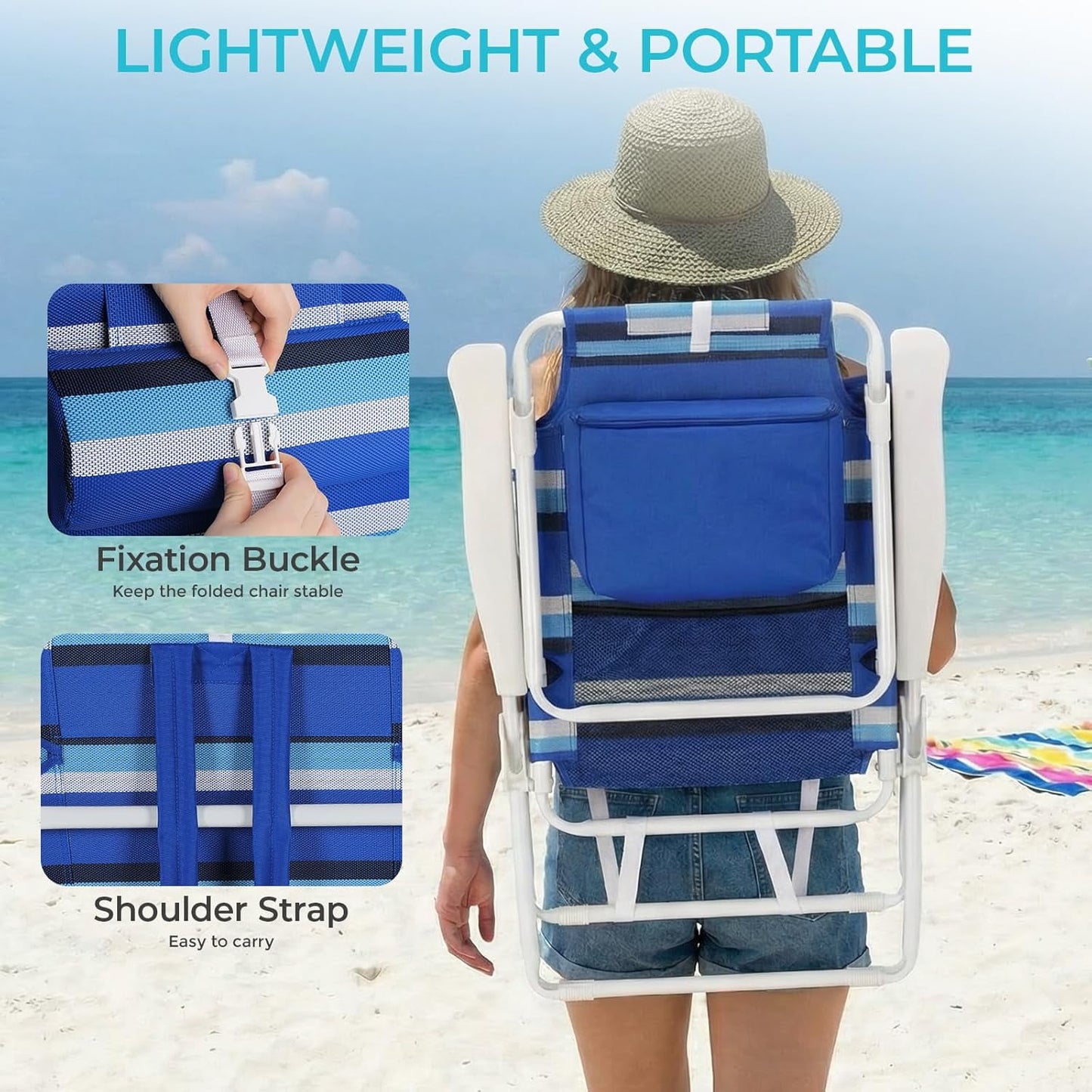 LAZY BUDDY 15.7'' Tall Backpack Beach Chairs for Adults, Portable Folding Beach Camping Chair, 1 Pack