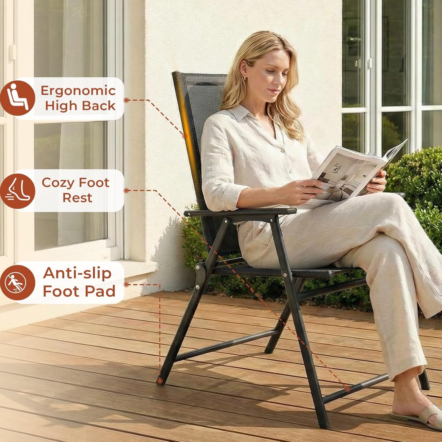 LAZY BUDDY Outdoor Patio Folding Dining Chairs Set of 2/4, with Armrests, Breathable Textilene & Steel Frame, for Lawn, Garden, Yard, Camping