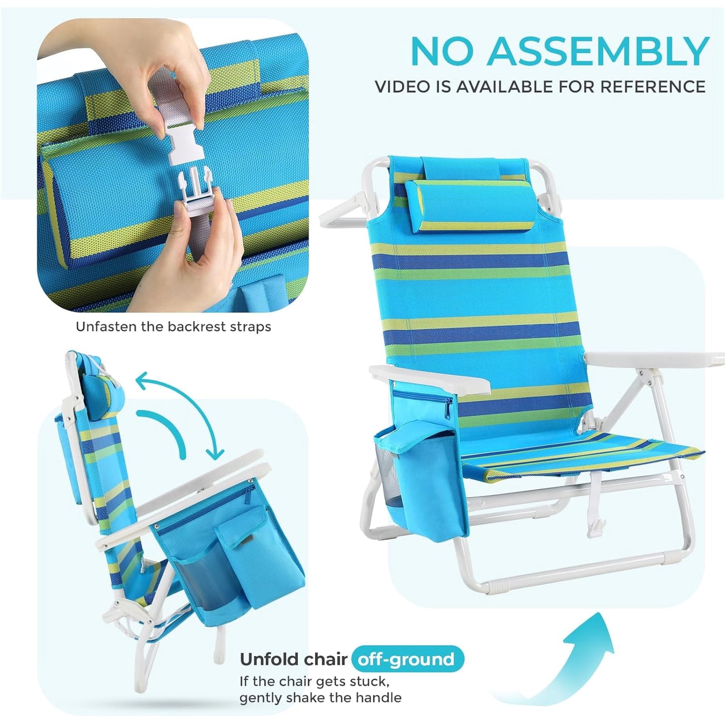 LAZY BUDDY  Low Beach Chair, Backpack Beach Chair for Adults with 5-Position, Lightweight Folding Beach Camping Chairs with Cup Holder, Storage Bag