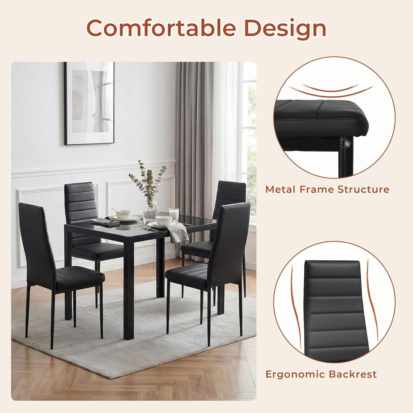 LAZY BUDDY 5-Piece Kitchen Dining Table Set, Modern Table and 4 Faux Leather Chairs with Tempered Glass Tabletop for Dining Room
