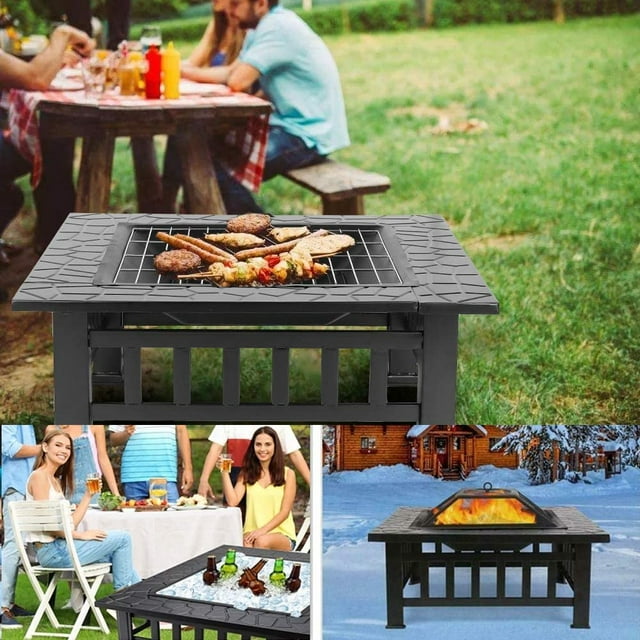 LAZY BUDDY Steel Fire Pits for Outside, 32'' Square Wood Burning Fire Pit Table, Outdoor Patio BBQ Firepit Bonfire Party