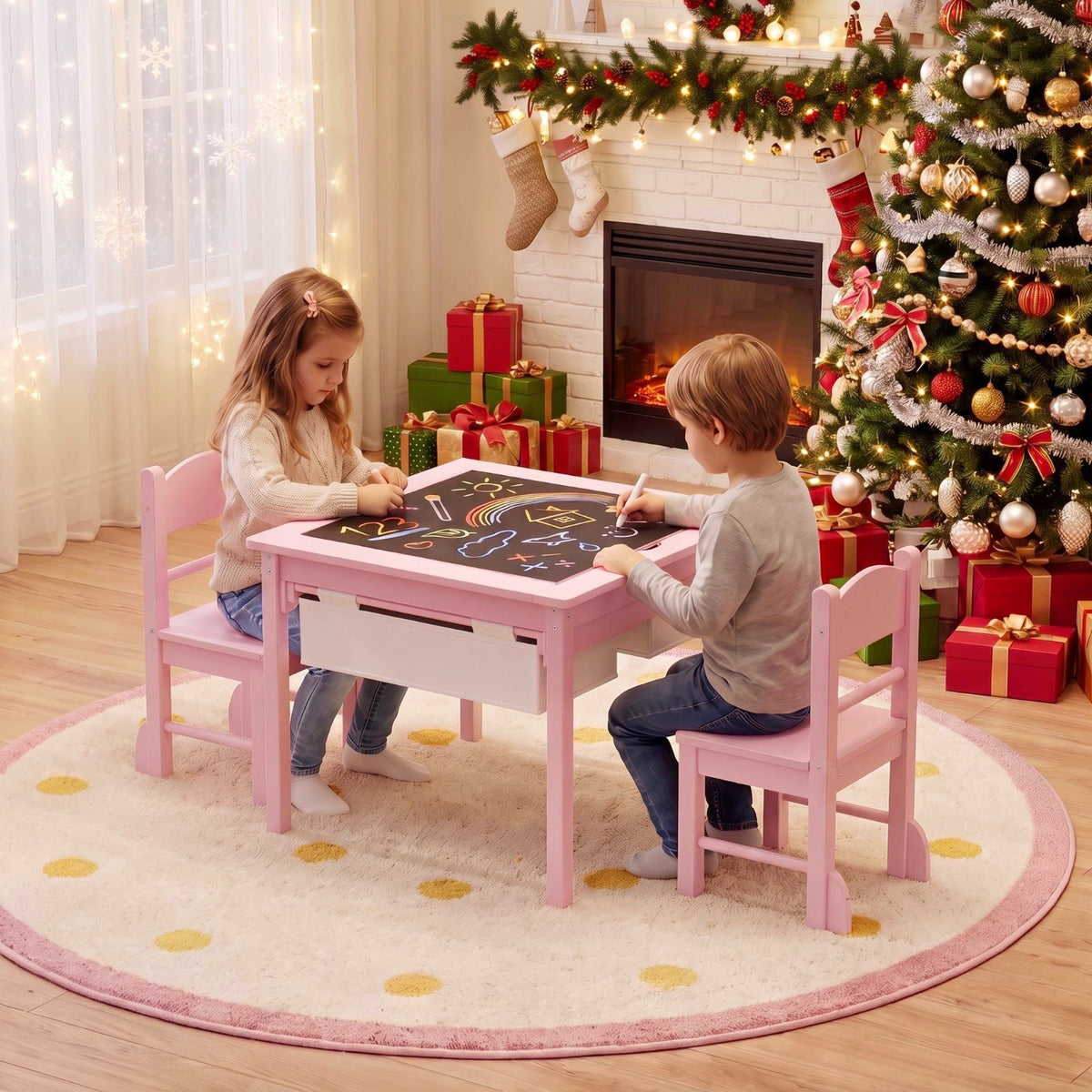 LAZY BUDDY Wooden Toddler Table and Chairs Set, Kids Play Activity Table Set with Reversible Tabletop & 2 Storage Drawers, for Drawing Reading Dining