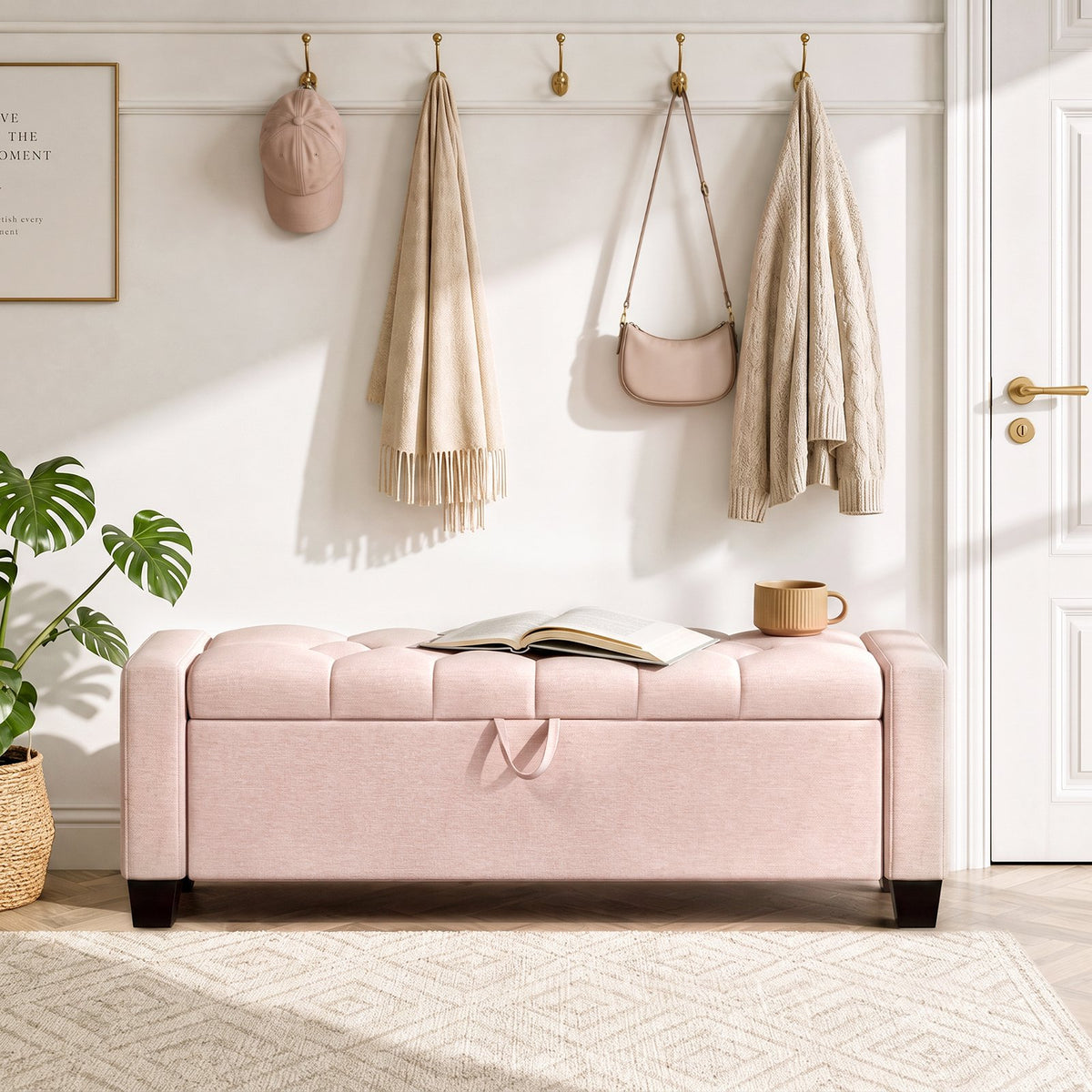 LAZY BUDDY 48'' Ottoman with Storage, Upholstered Storage Ottoman Bench with Safety Hinge, for Bedroom, Living Room, Entryway