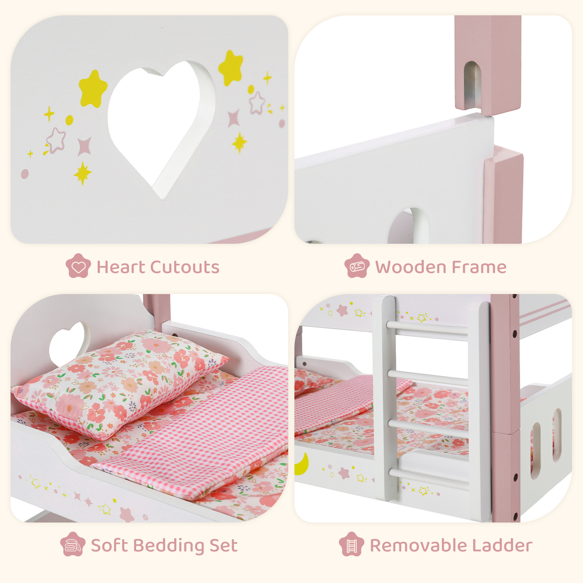 LAZY BUDDY Wooden Bunk Bed for Dolls up to 19in, Baby Dolls Crib with Bedding, Pretend Play Toy for Kids 3+