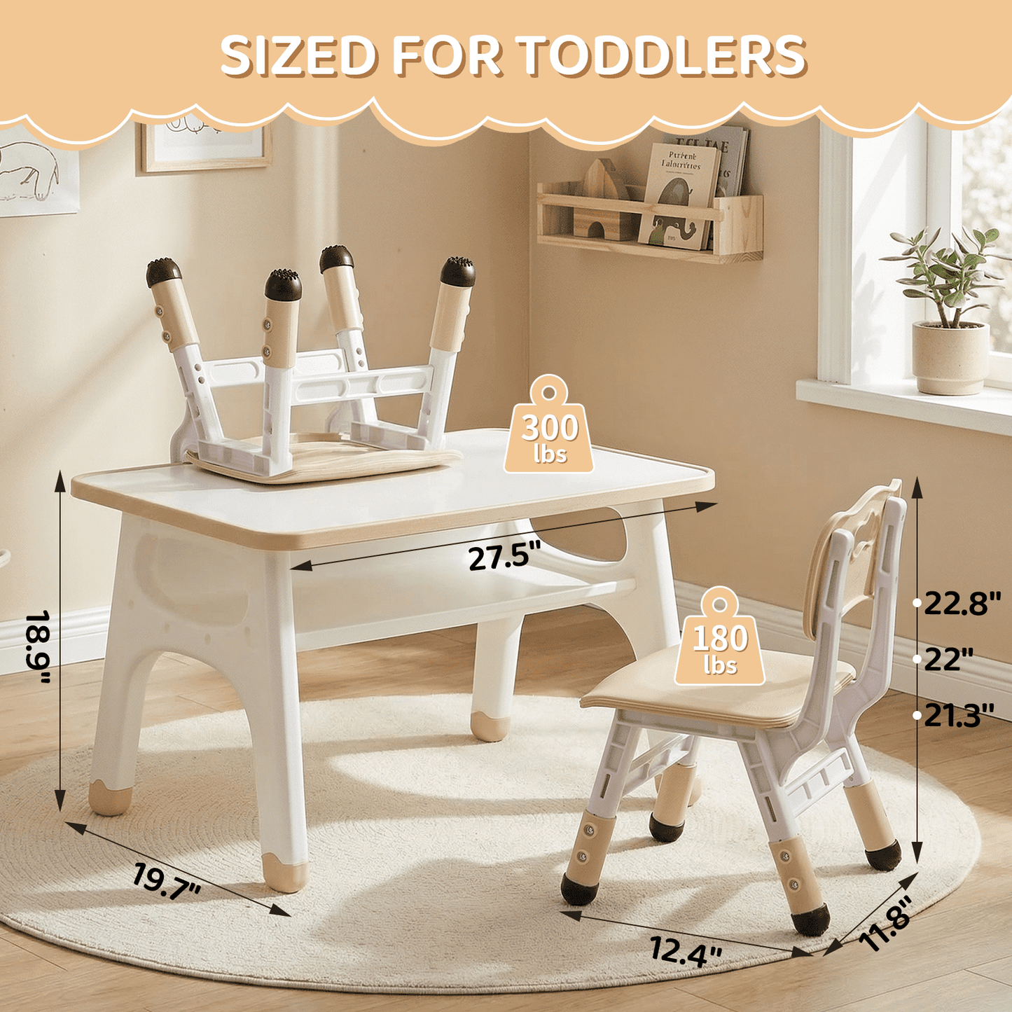 LAZY BUDDY Kids Table and 2 Chairs Set, Toddler Activity Table with Built-in Storage Shelf & Graffiti Desktop, Adjustable Chair