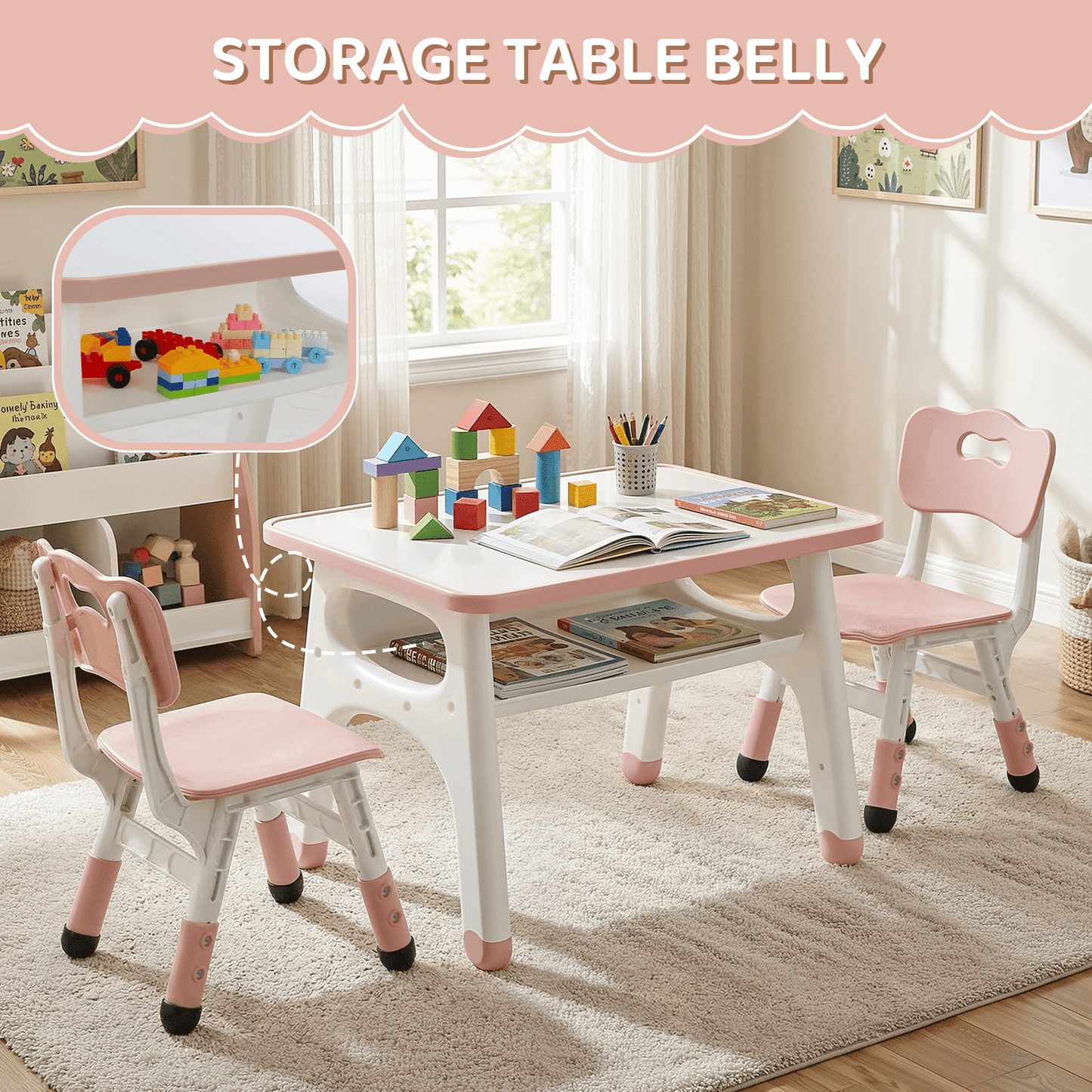 LAZY BUDDY Kids Table and 2 Chairs Set, Toddler Activity Table with Built-in Storage Shelf & Graffiti Desktop, Adjustable Chair