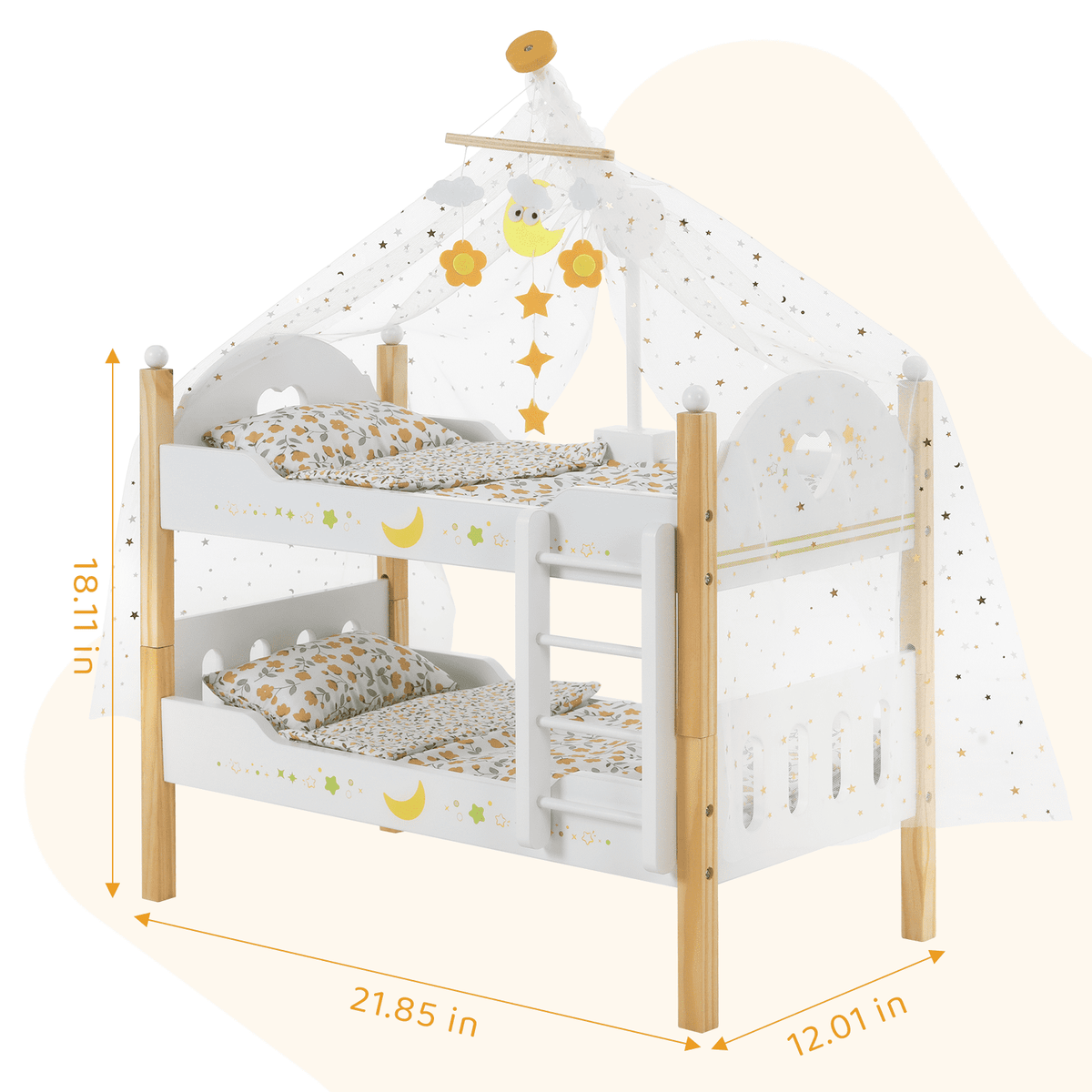 LAZY BUDDY Wooden Bunk Bed for Dolls up to 19in, Baby Dolls Crib with Bedding, Pretend Play Toy for Kids 3+