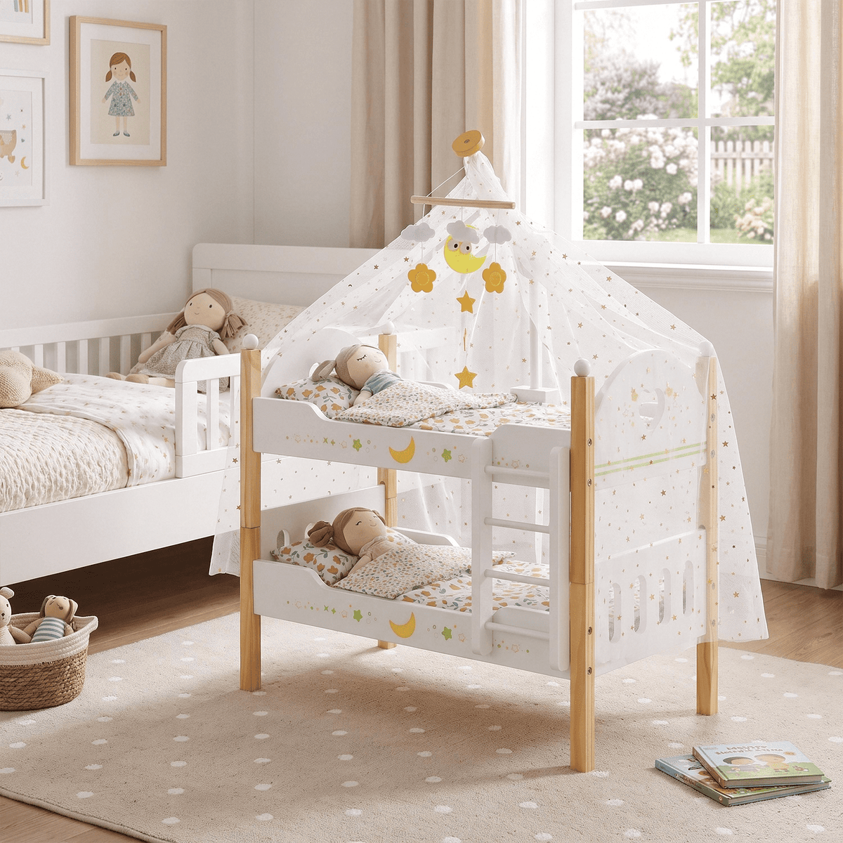 LAZY BUDDY Wooden Bunk Bed for Dolls up to 19in, Baby Dolls Crib with Bedding, Pretend Play Toy for Kids 3+