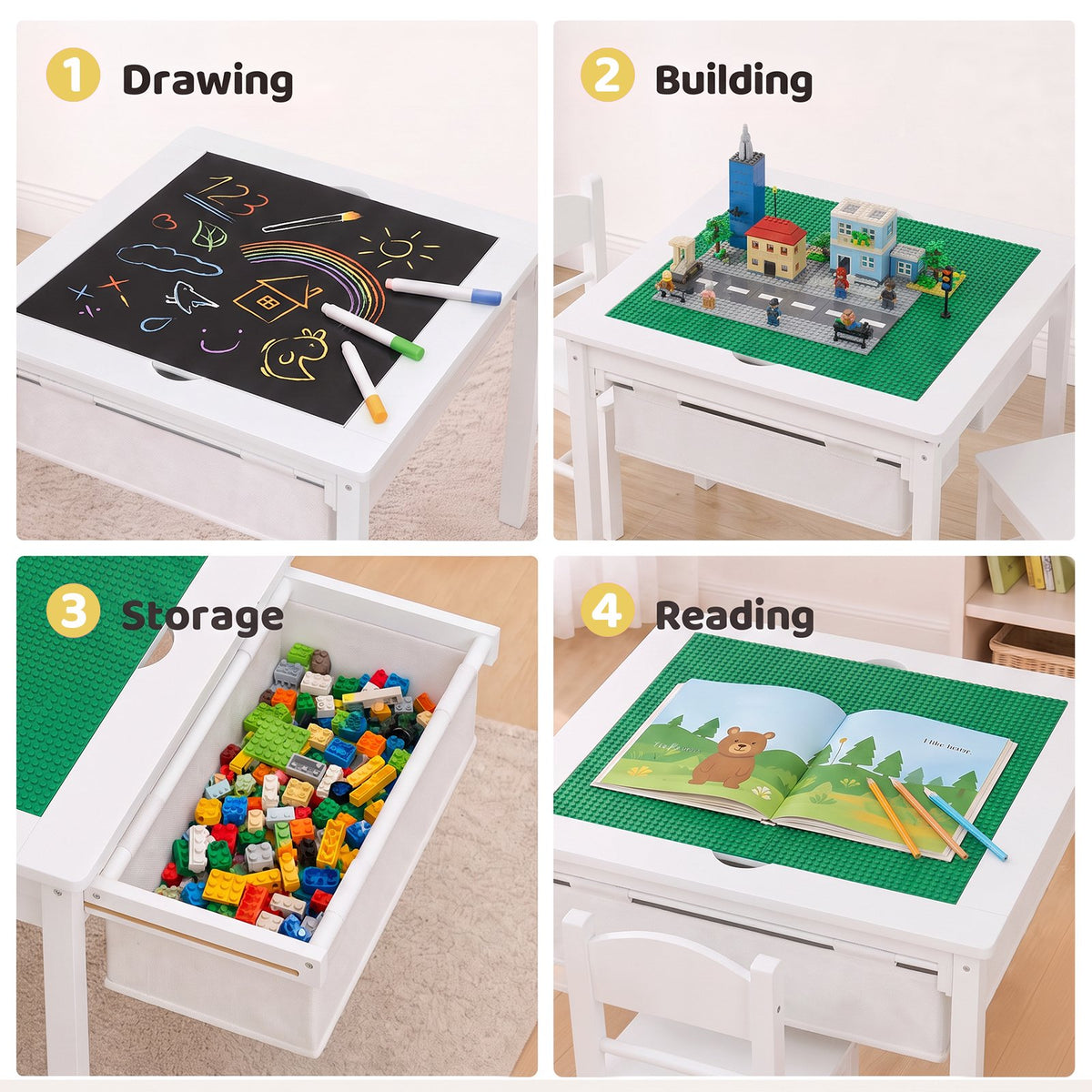 LAZY BUDDY Wooden Toddler Table and Chairs Set, Kids Play Activity Table Set with Reversible Tabletop & 2 Storage Drawers, for Drawing Reading Dining
