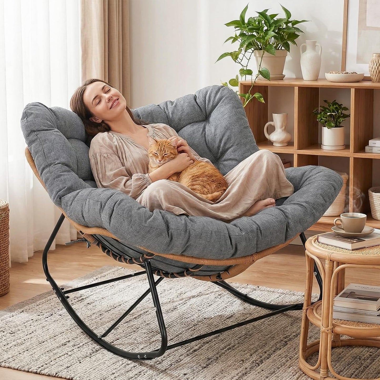 LAZY BUDDY Outdoor Papasan Rocking Chair, Oversized Lounge Chair Rocker with Thick Cushion, for Patio, Balcony, Porch and Indoor