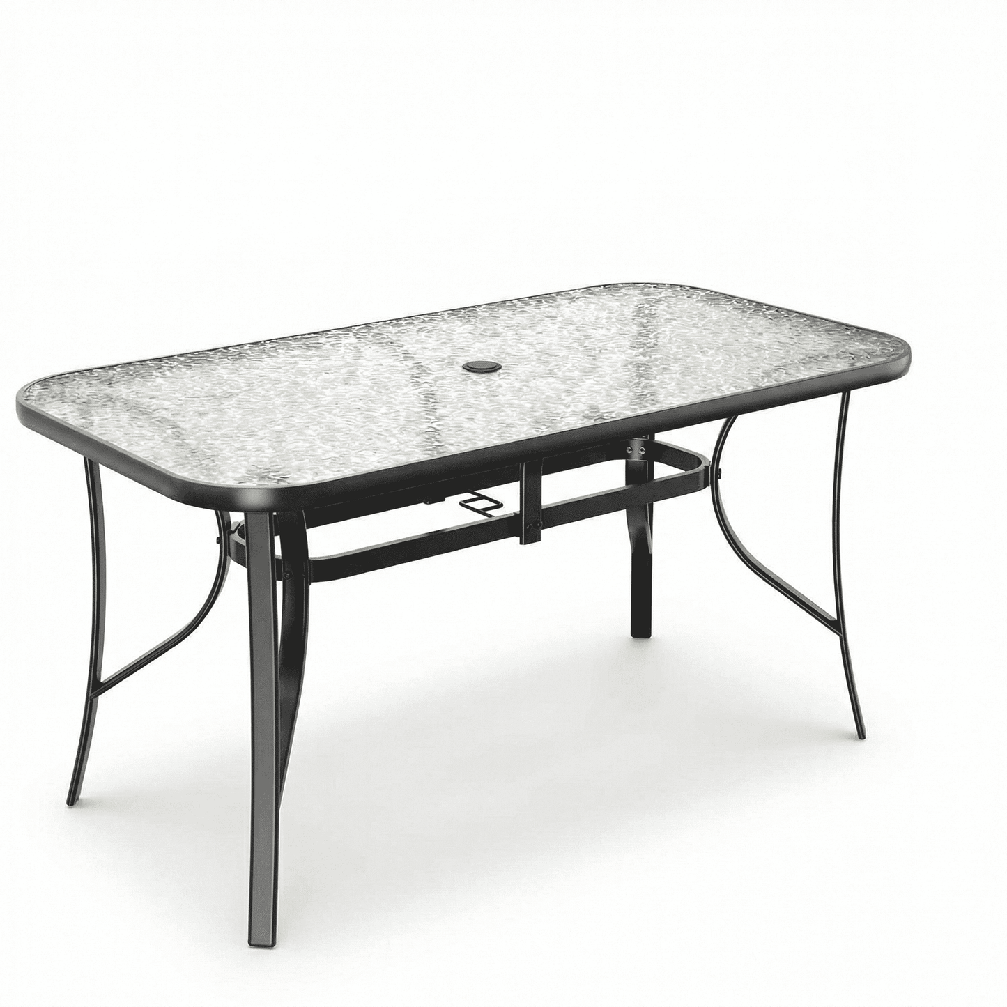 LAZY BUDDY Patio Table with 1.69'' Umbrella Hole, Rectangular Outdoor Dining Table with Tempered Glass Tabletop for 6, for Balcony Garden Deck