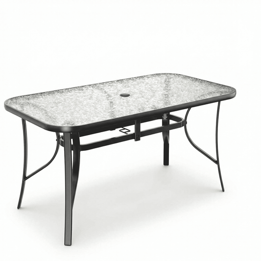 LAZY BUDDY Patio Table with 1.69'' Umbrella Hole, Rectangular Outdoor Dining Table with Tempered Glass Tabletop for 6, for Balcony Garden Deck