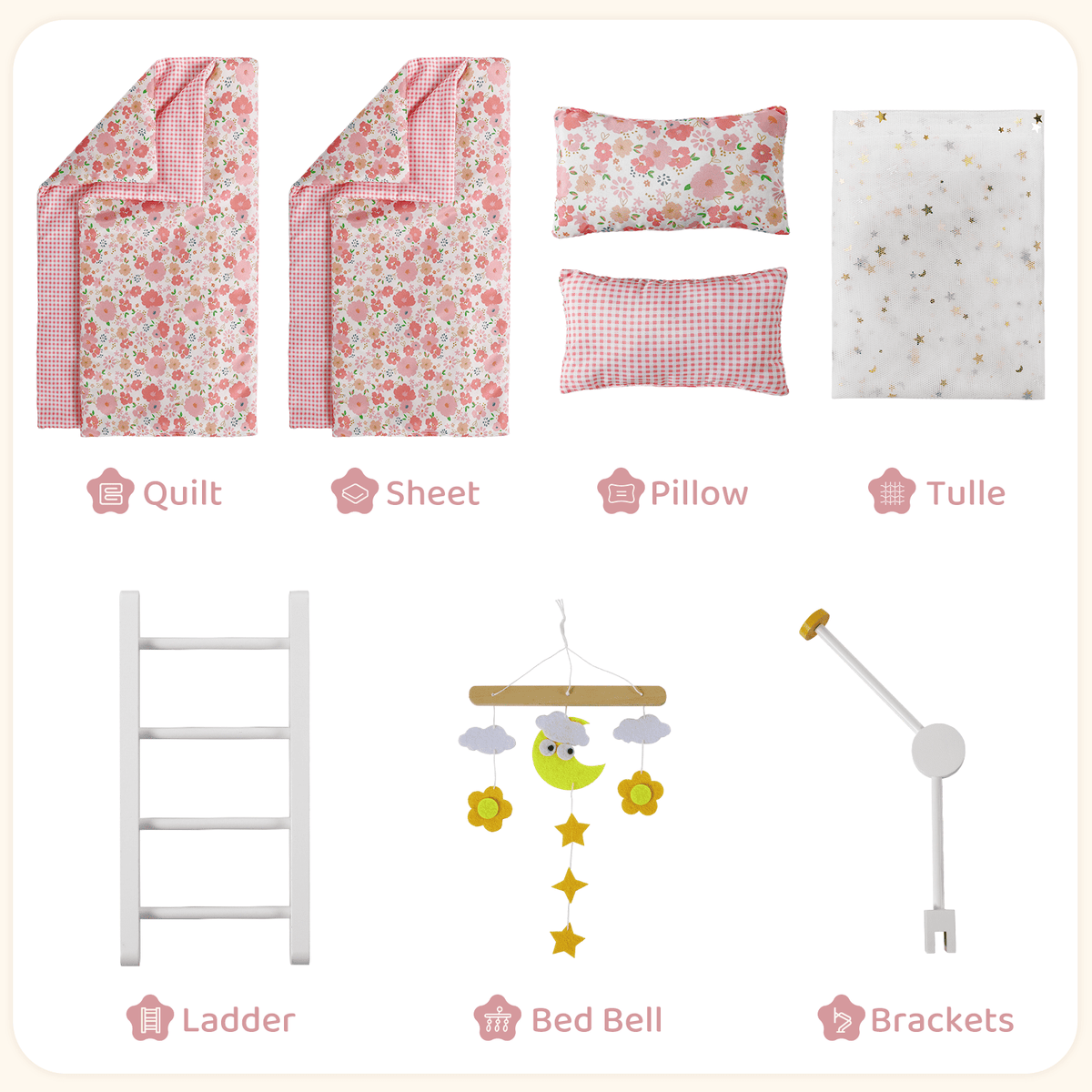 LAZY BUDDY Wooden Bunk Bed for Dolls up to 19in, Baby Dolls Crib with Bedding, Pretend Play Toy for Kids 3+