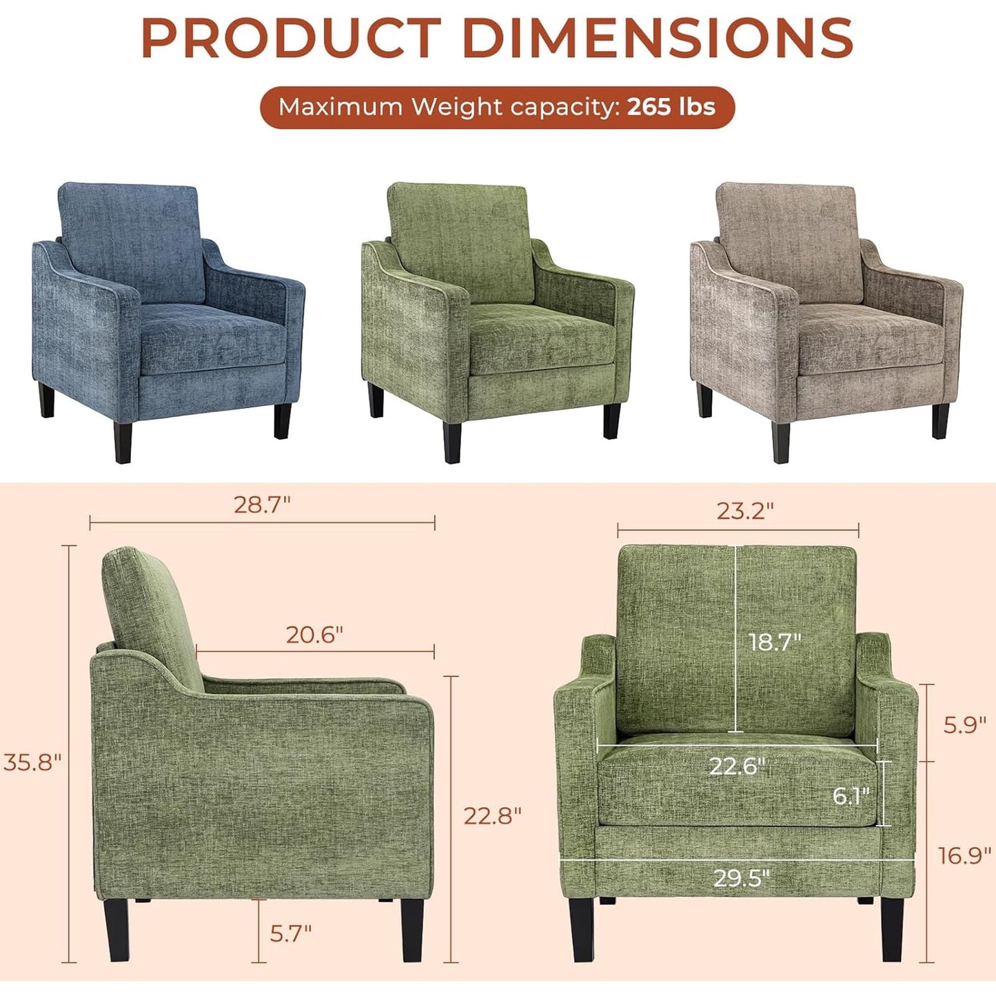 LAZY BUDDY Comfy Accent Chair for Living Room Bedroom and Waiting Room, Upholstered Mid-Century Reading Chair with Removable Cover & Wood Legs, Wide Singe Modern Lounge Sofa