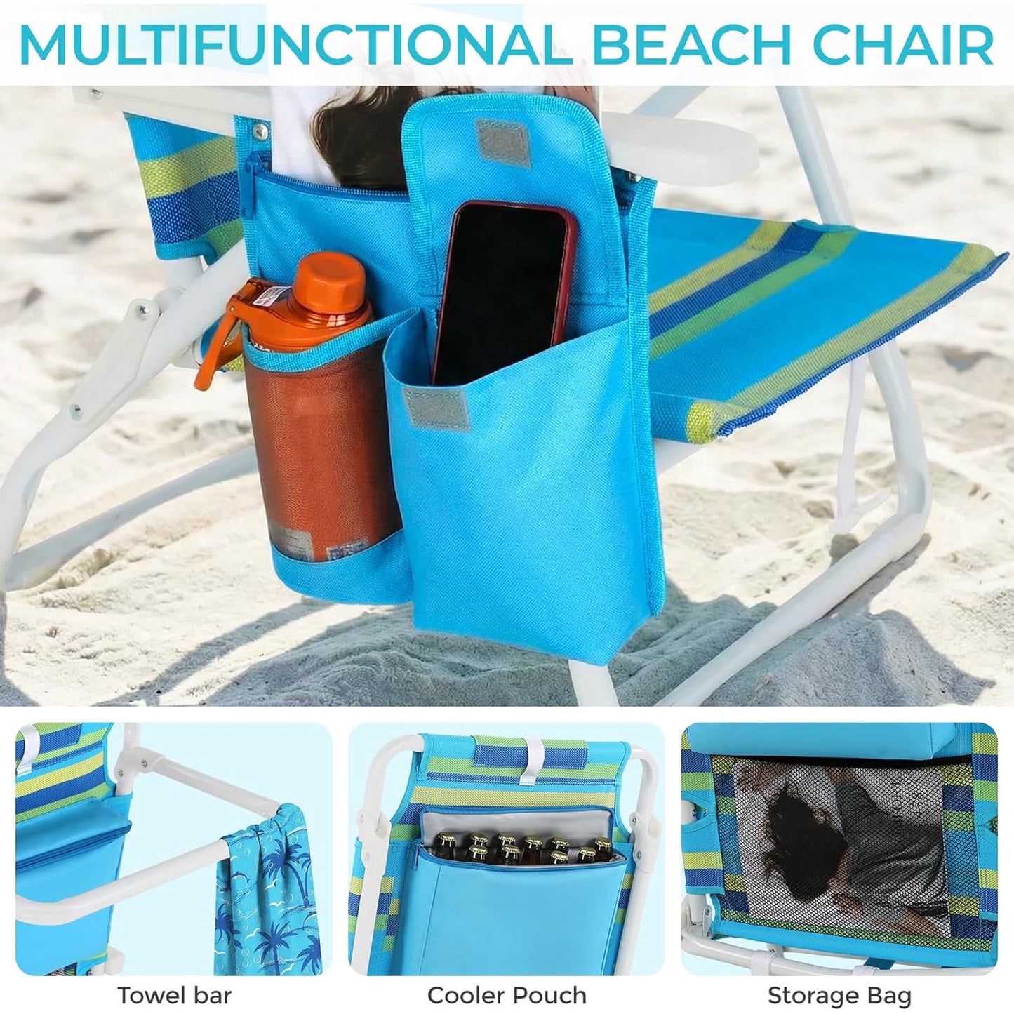 LAZY BUDDY  Low Beach Chair, Backpack Beach Chair for Adults with 5-Position, Lightweight Folding Beach Camping Chairs with Cup Holder, Storage Bag