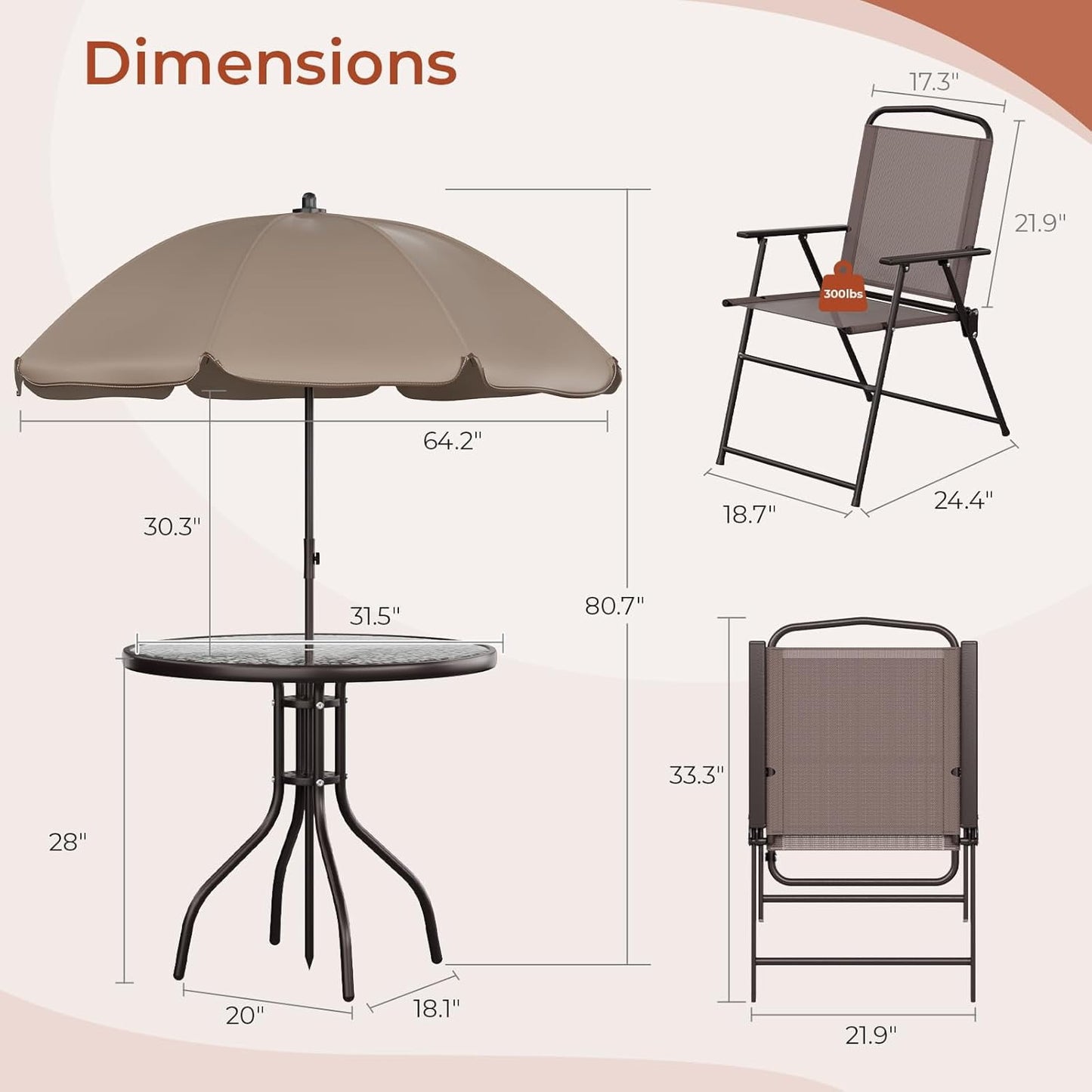 LAZY BUDDY 6-Piece Outdoor Patio Dining Set with Umbrella, All-Weather Round Glass Table with 4 Folding Chairs, Metal Frame, for Backyard Deck Garden