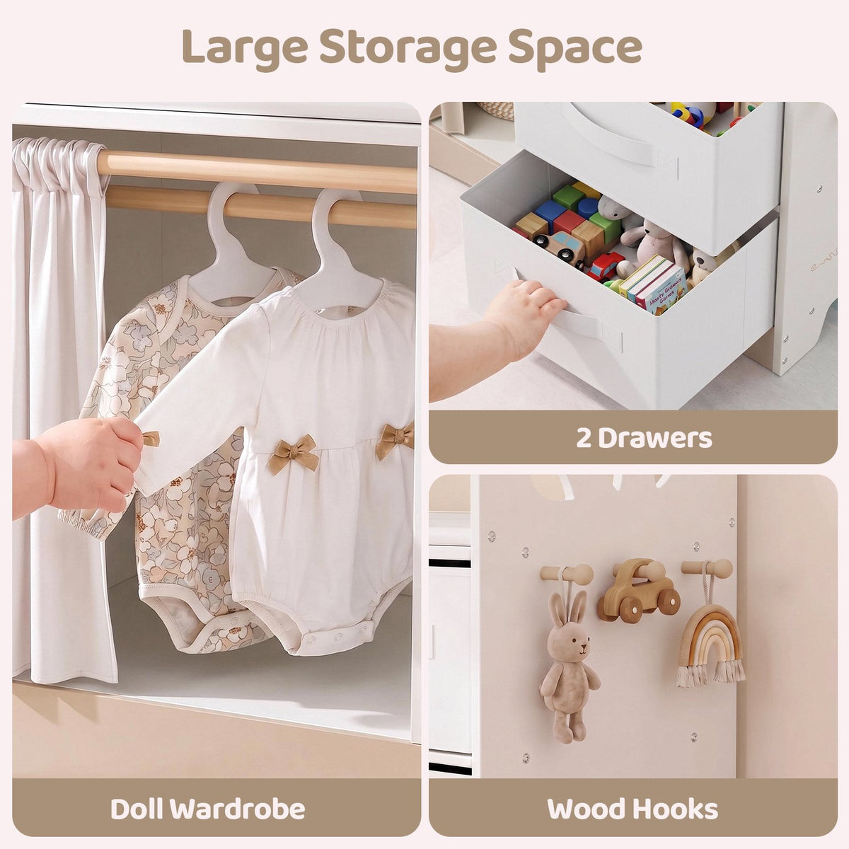 LAZY BUDDY Baby Doll Cirb, Wooden Doll Bed with 2 Storage Drawers, 2 Hangers, Pillow & Sheet
