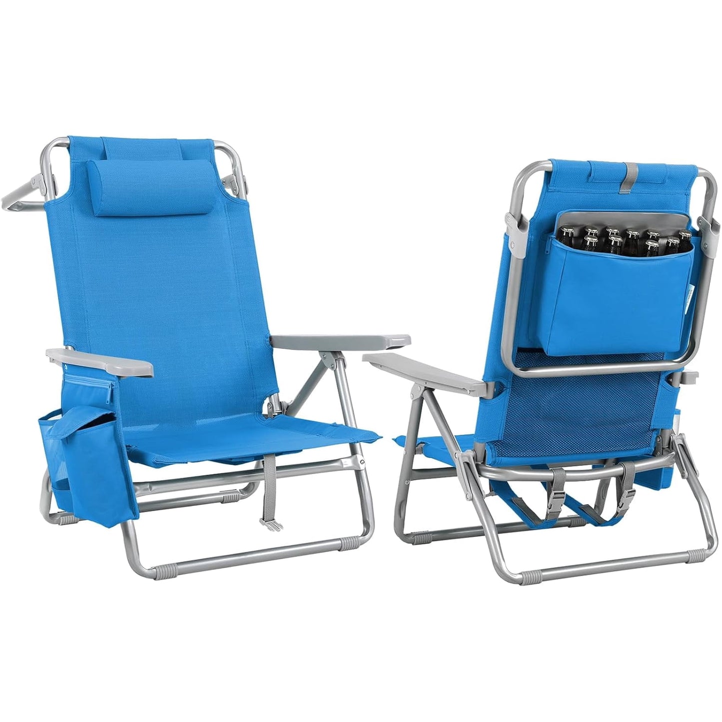 LAZY BUDDY  Low Beach Chair, Backpack Beach Chair for Adults with 5-Position, Lightweight Folding Beach Camping Chairs with Cup Holder, Storage Bag